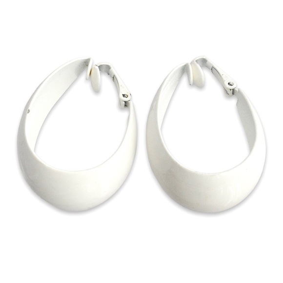 Vintage White Enamel Clip On Hoop Earrings Large Statement Domed Hoops Retro Mod - Picture 2 of 4